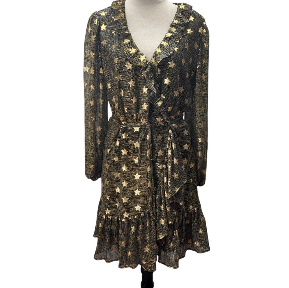 Betsey Johnson Faux-Wrap Metallic Star Ruffle Dress Women’s Large Gold Black